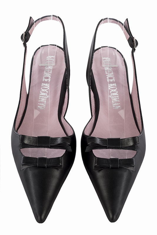 Satin black women's open back shoes, with a knot. Pointed toe. Flat kitten heels - Florence KOOIJMAN